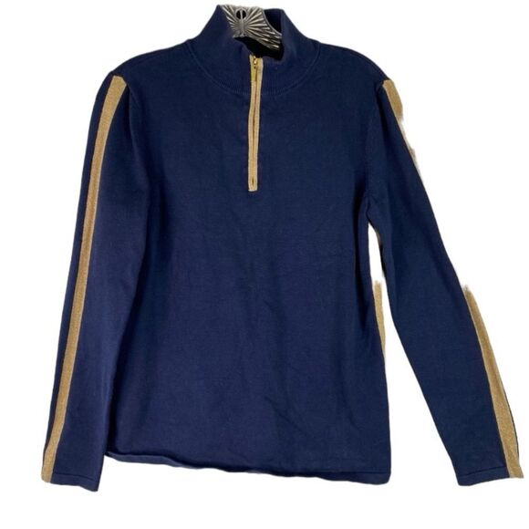 Jones New York Navy Gold Metallic Stripe Mock Neck 1/4 Zip Stretch Pullover L - Picture 1 of 7